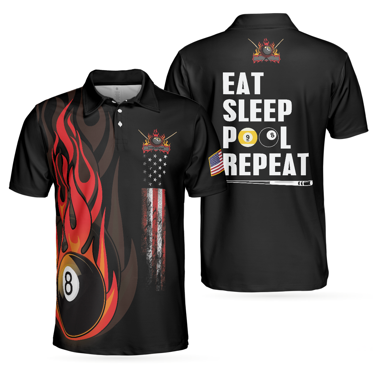 Eat Sleep Pool Repeat Billiards Shirt For Men Polo Shirt, American Flag Billiards Shirt, Funny Sayings Shirt - Hyperfavor