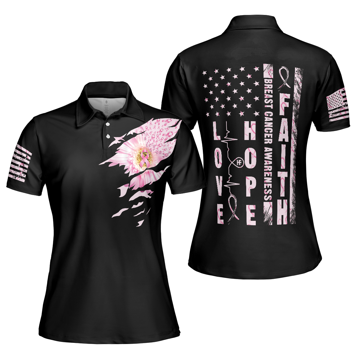 Faith Hope Love Flower Breast Cancer Awareness Short Sleeve Women Polo Shirt, Support Gift For Breast Cancer Survivors - Hyperfavor