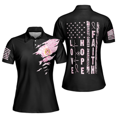 Faith Hope Love Flower Breast Cancer Awareness Short Sleeve Women Polo Shirt, Support Gift For Breast Cancer Survivors - Hyperfavor