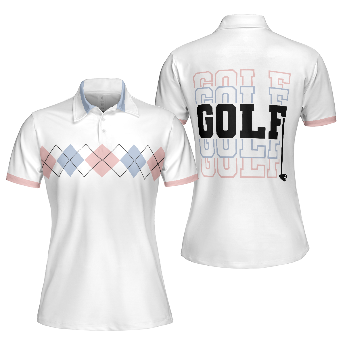 Pink Blue And Black Argyle Golf Short Sleeve Women Polo Shirt - Hyperfavor