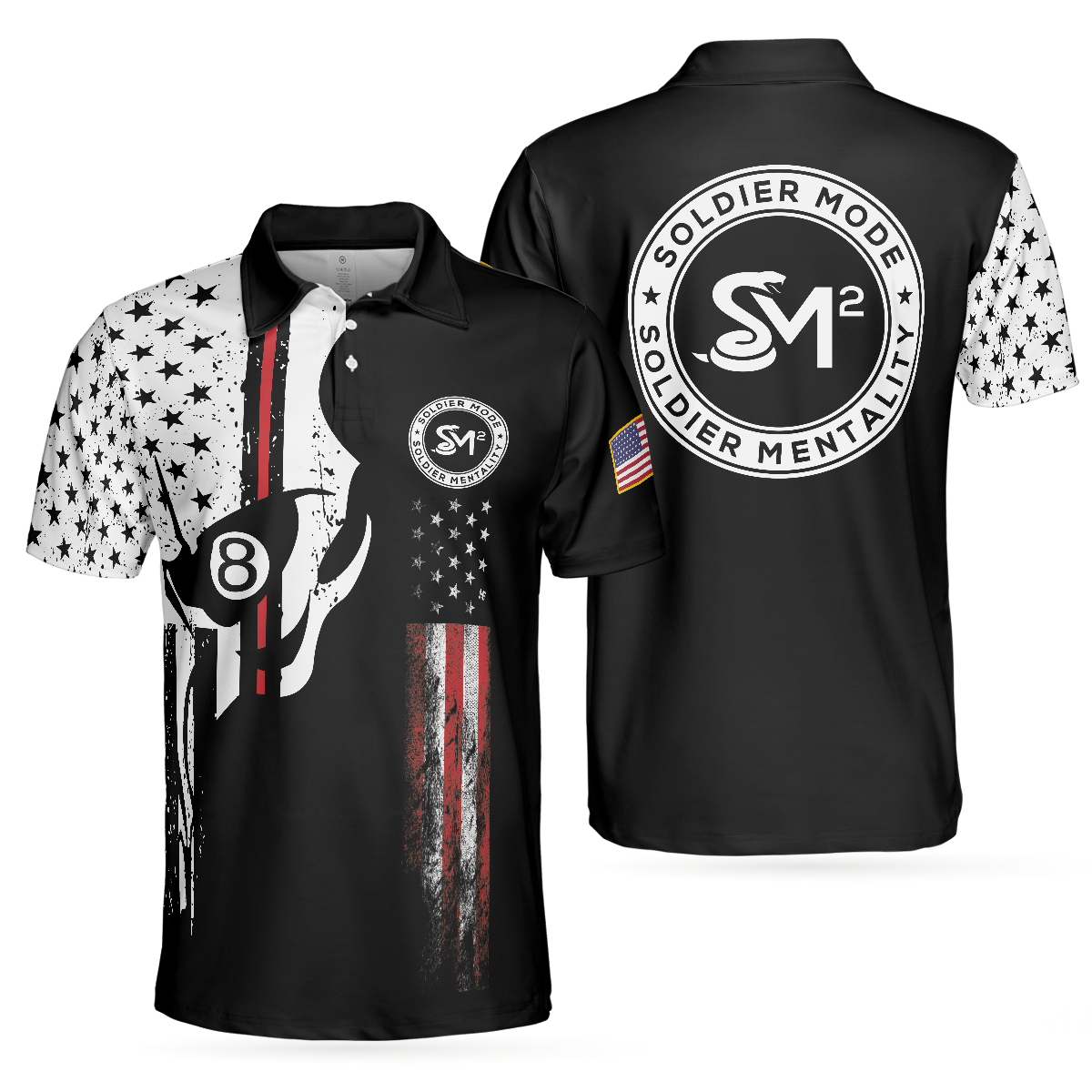 SM2 Skull Black And White American Flag Polo Shirt - Hyperfavor