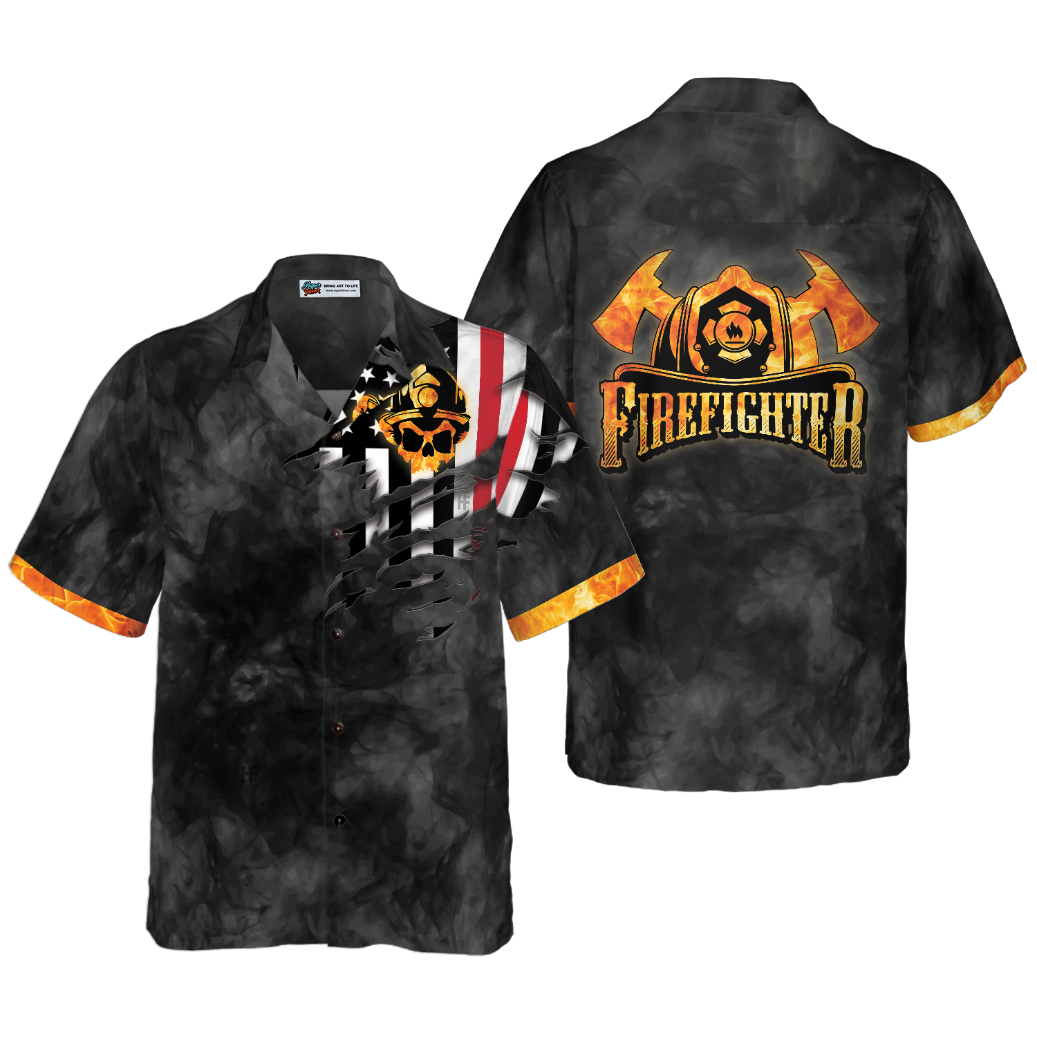 Firefighter Golden Skull And Ripped American Flag Firefighter Hawaiian Shirt, Black And Gold Firefighter Shirt For Men - Hyperfavor