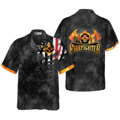 Firefighter Golden Skull And Ripped American Flag Firefighter Hawaiian Shirt, Black And Gold Firefighter Shirt For Men - Hyperfavor