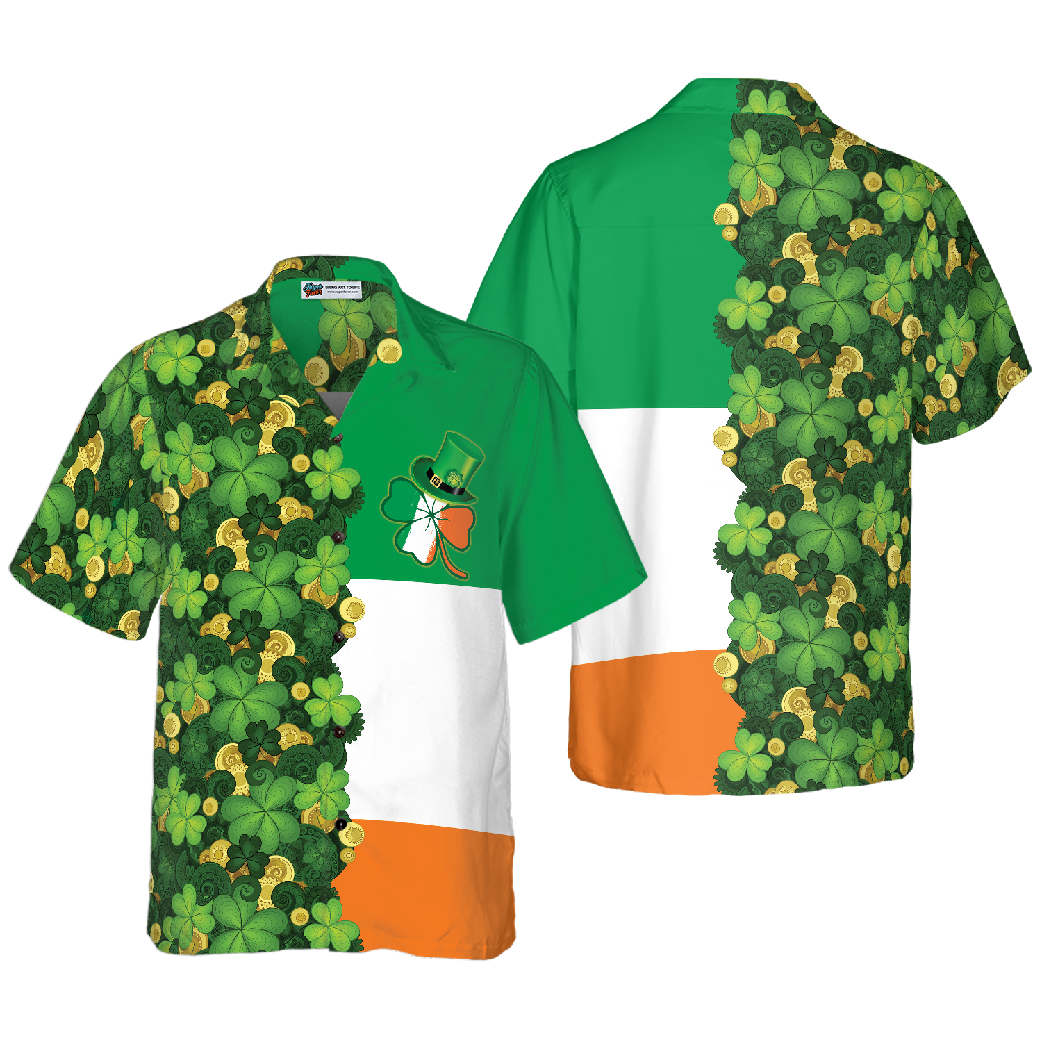 Gold Coins Shamrock Saint Patrick's Day Irish Ireland Flag Hawaiian Shirt - Hyperfavor