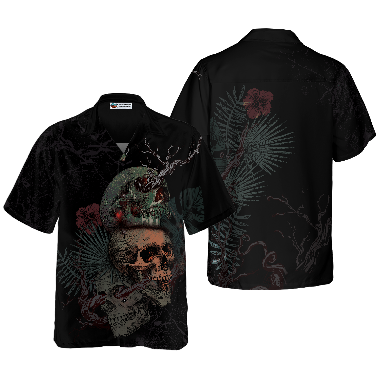 Artistic Gothic Skull With Flowers Goth Hawaiian Shirt, Black Hawaiian Shirt For Men - Hyperfavor