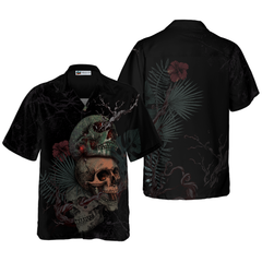 Artistic Gothic Skull With Flowers Goth Hawaiian Shirt, Black Hawaiian Shirt For Men - Hyperfavor
