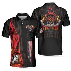 Firefighter Skull Flame Short Sleeve Polo Shirt, First In Last Out American Flag Firefighter Shirt For Men - Hyperfavor