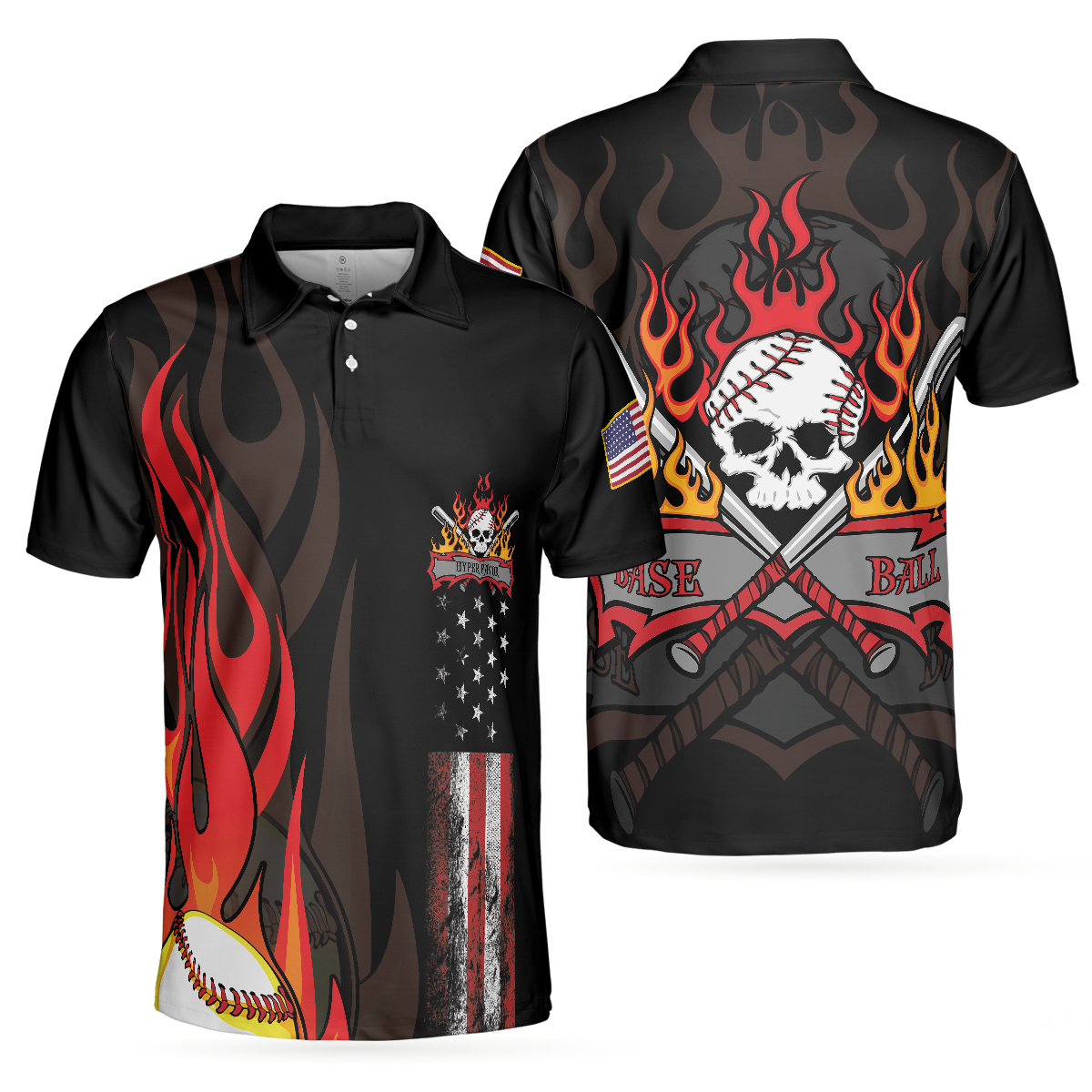 Flame Baseball Skull Polo Shirt, Baseball American Flag Polo Shirt, Best Baseball Shirt For Men - Hyperfavor