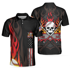 Flame Baseball Skull Polo Shirt, Baseball American Flag Polo Shirt, Best Baseball Shirt For Men - Hyperfavor