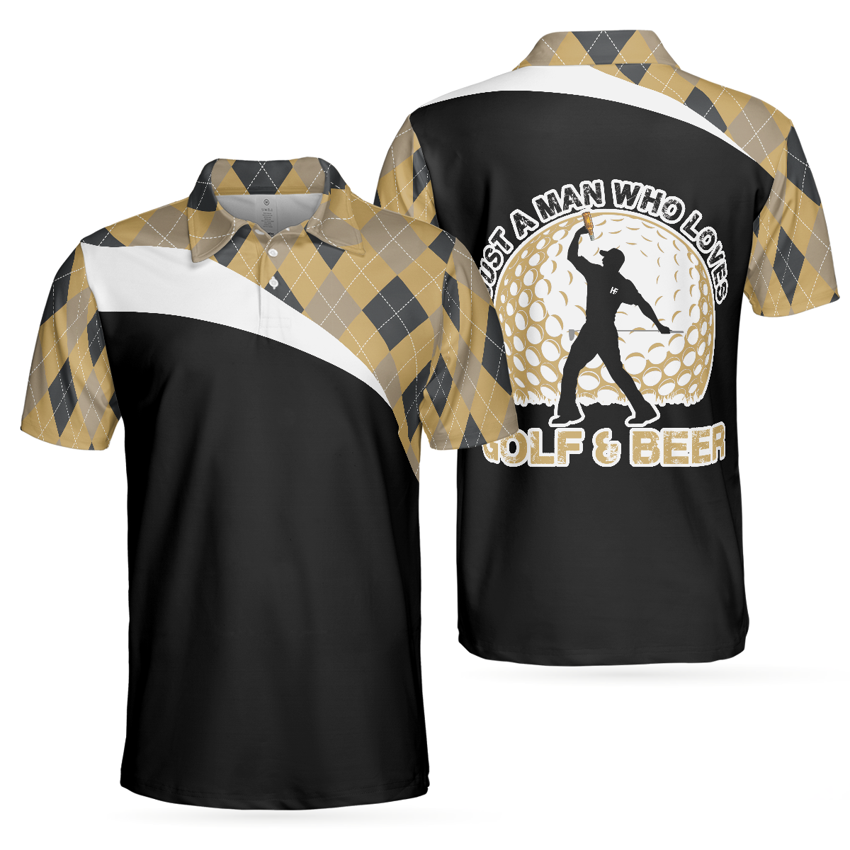 Just A Man Who Loves Golf & Beer Polo Shirt, Argyle Pattern Polo Style Golfing Shirt For Men, Best Drinking Golf Shirt - Hyperfavor