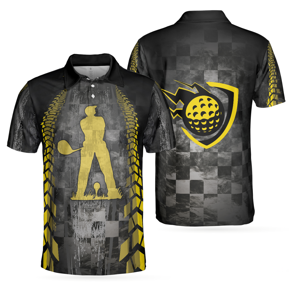 Golfer On Yellow Silhouette Polo Shirt, Checker Pattern Racing Polo Shirt, Best Golf Shirt For Men - Hyperfavor