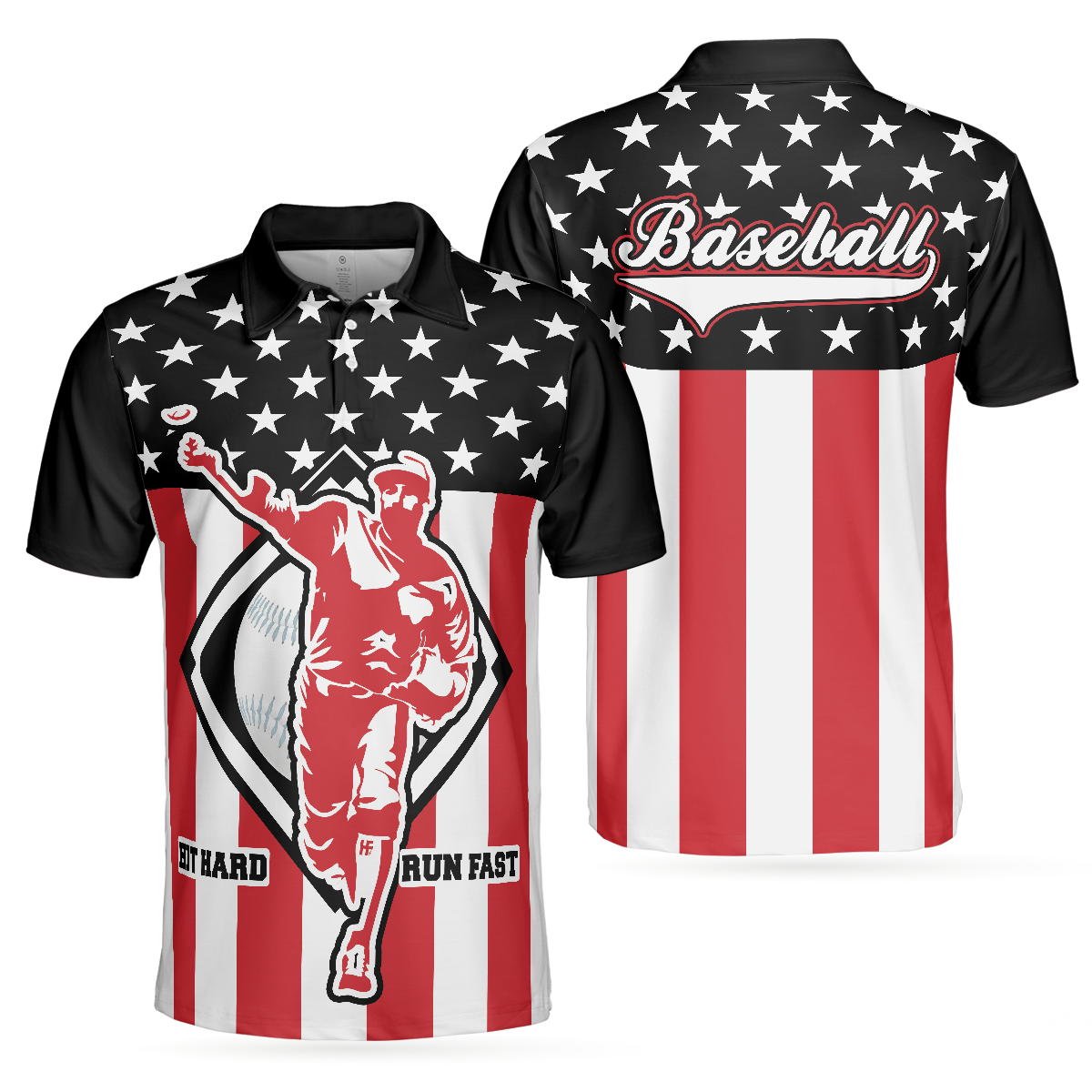 Baseball Hit Hard Run Fast Short Sleeve Polo Shirt, Black Theme American Flag Polo Shirt, Best Baseball Shirt For Men - Hyperfavor