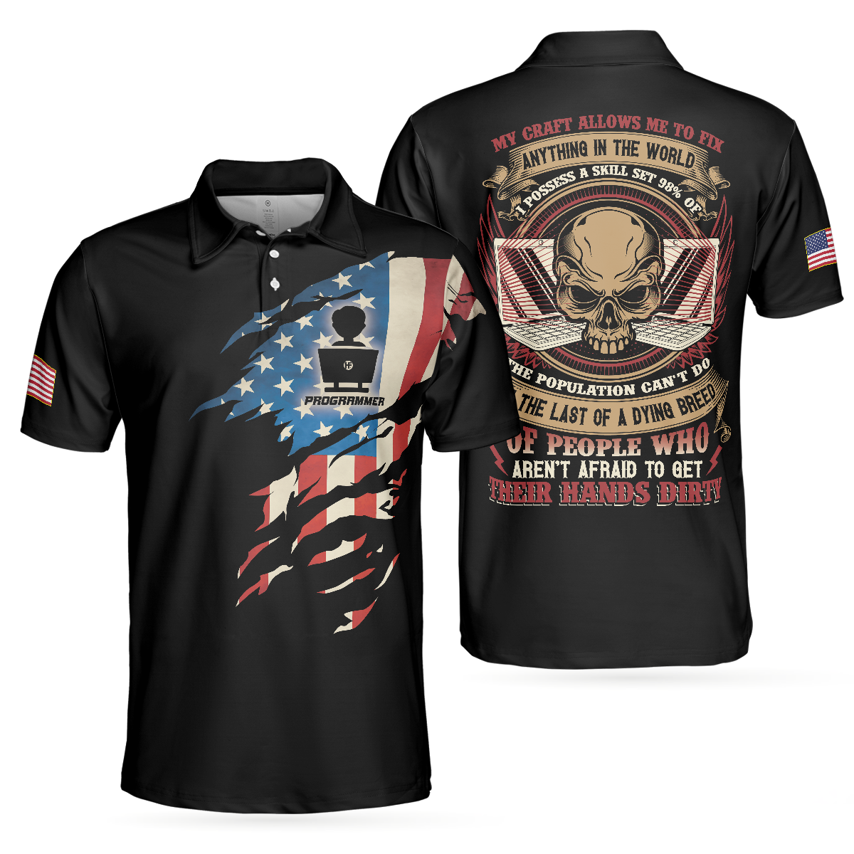 Programmer My Craft Allows Me To Fix Anything Polo Shirt, Skull Ripped American Flag Golf Shirt For Men - Hyperfavor