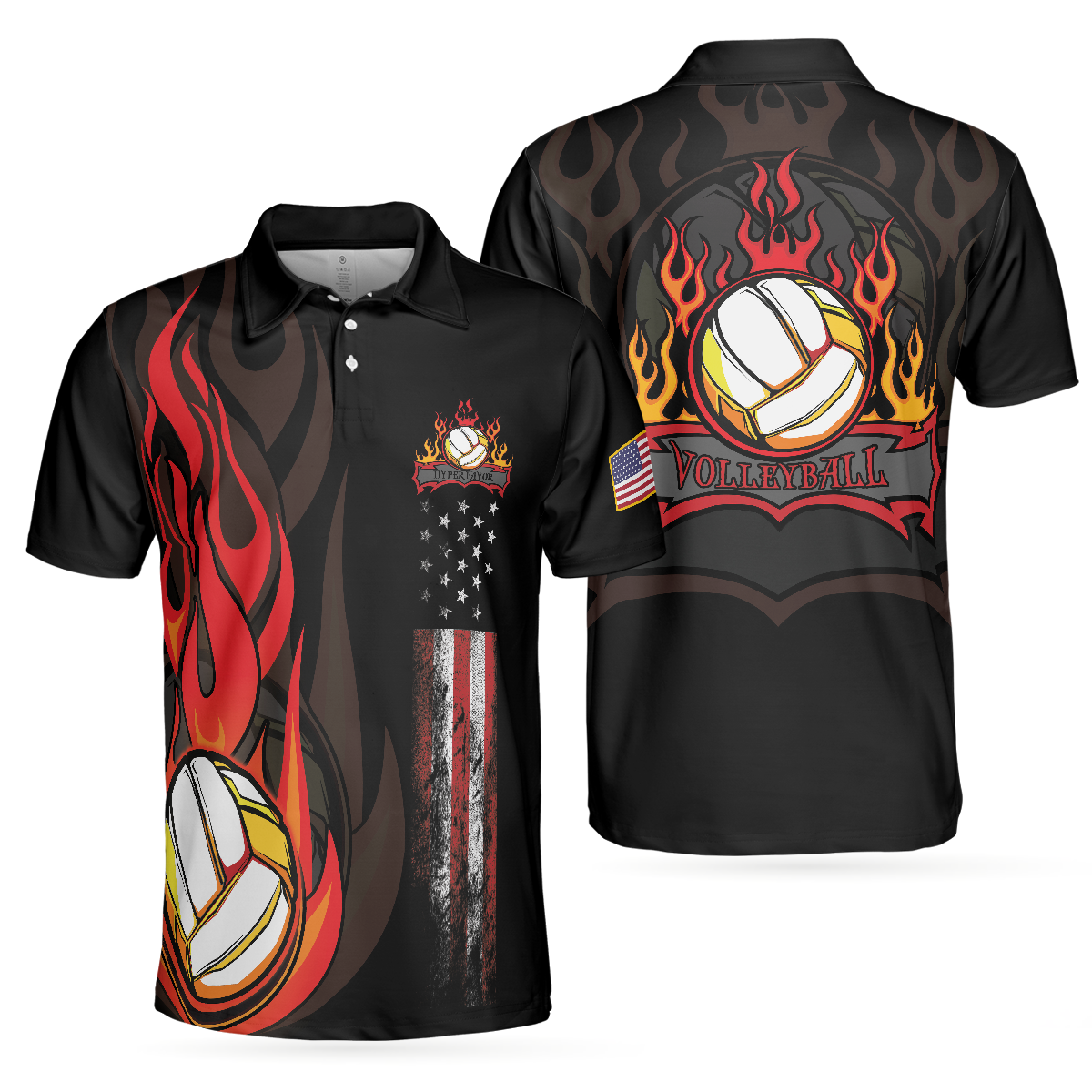 Volleyball Flame Short Sleeve Polo Shirt, Black American Flag Polo Shirt, Best Volleyball Shirt For Men - Hyperfavor
