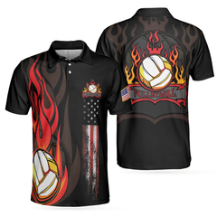 Volleyball Flame Short Sleeve Polo Shirt, Black American Flag Polo Shirt, Best Volleyball Shirt For Men - Hyperfavor