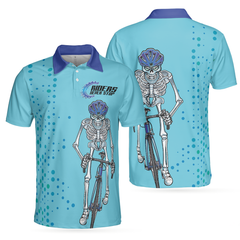 Riders Never Stop Skull Short Sleeve Polo Shirt, Blue Skeleton Cyclist Polo Shirt, Best Cycling Shirt For Men - Hyperfavor