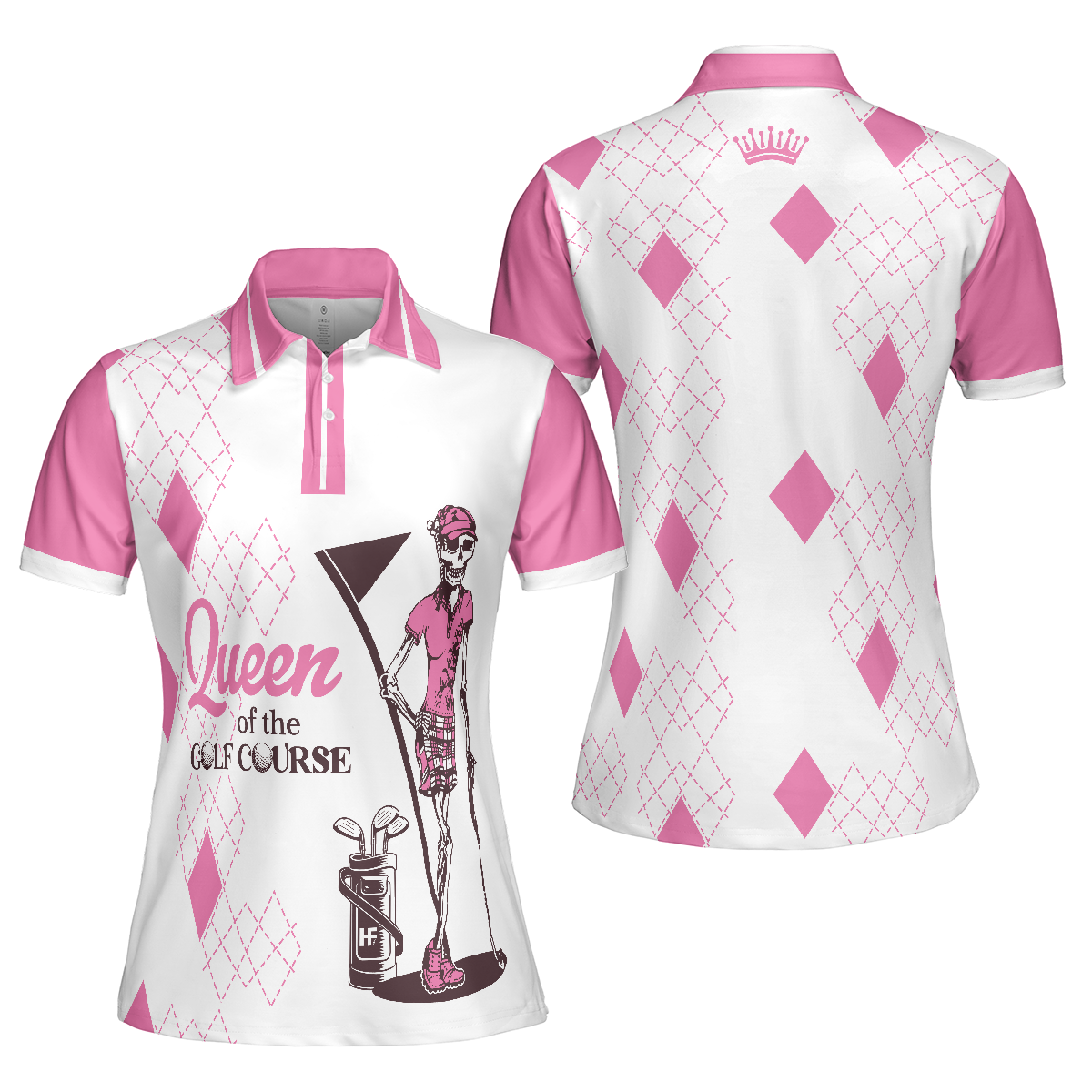 Queen Of The Golf Short Sleeve Women Polo Shirt, White And Pink Argyle Pattern Golf Shirt For Women - Hyperfavor