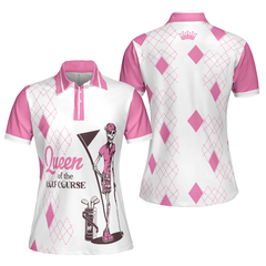 Queen Of The Golf Short Sleeve Women Polo Shirt, White And Pink Argyle Pattern Golf Shirt For Women - Hyperfavor
