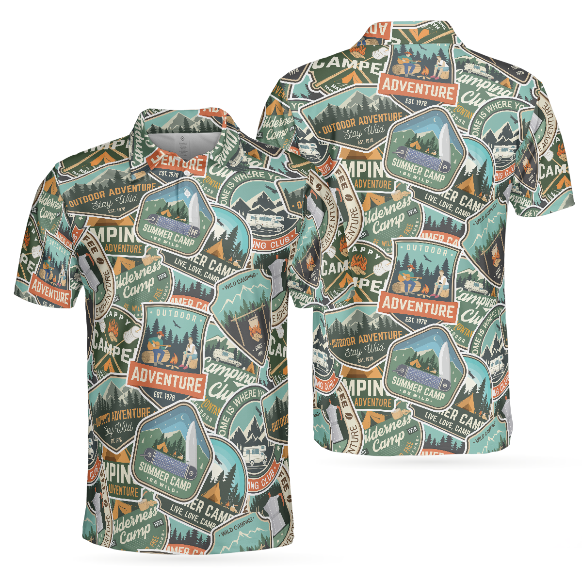Summer Camp Adventure Sticker Pattern Polo Shirt, Camping Sticker And Badge Polo Shirt, Camping Shirt For Men - Hyperfavor