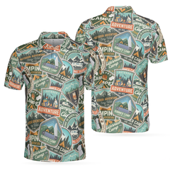 Summer Camp Adventure Sticker Pattern Polo Shirt, Camping Sticker And Badge Polo Shirt, Camping Shirt For Men - Hyperfavor
