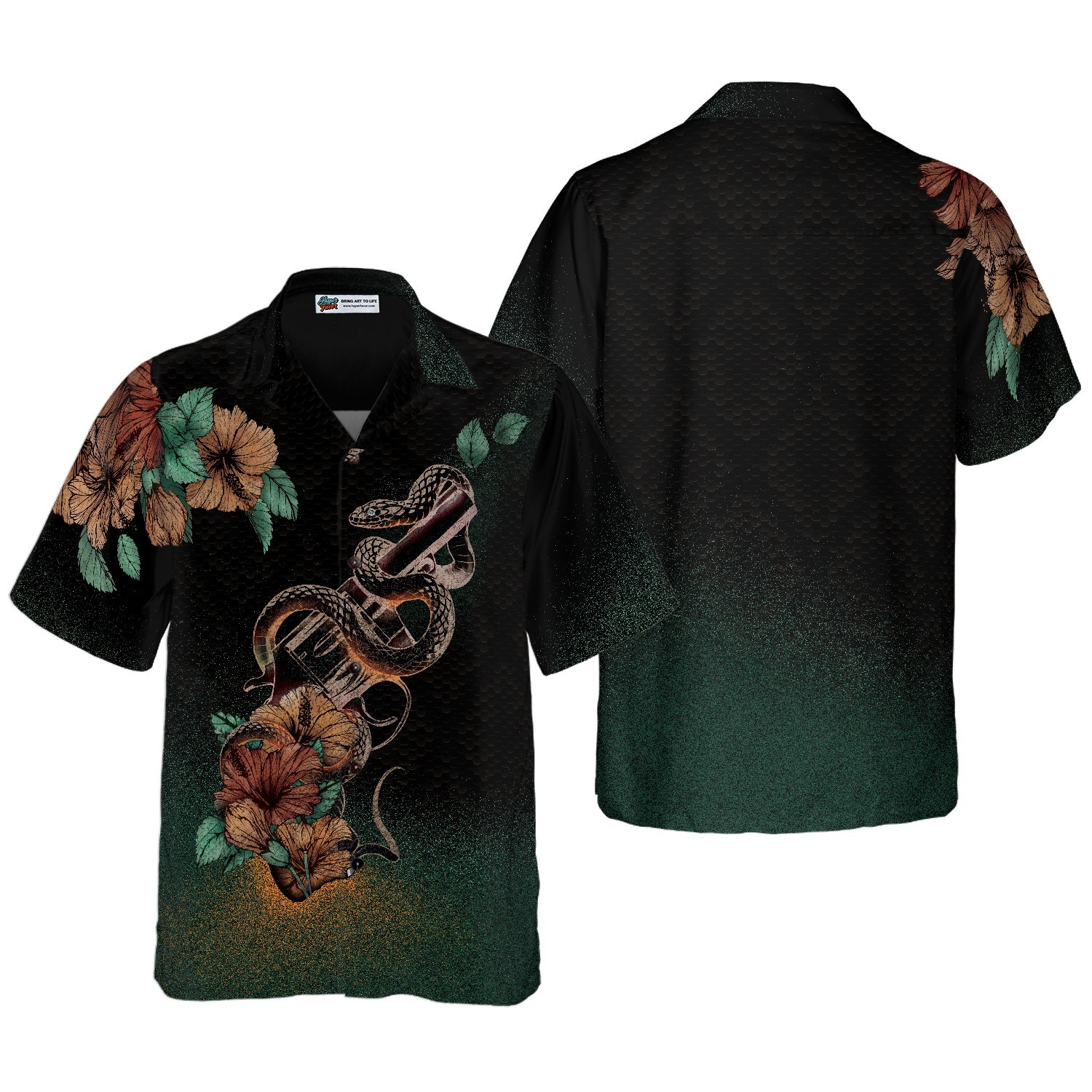 Gun and Snake Vintage Hawaiian Shirt, Hibiscus Flowers Black Hawaiian Shirt For Men - Hyperfavor