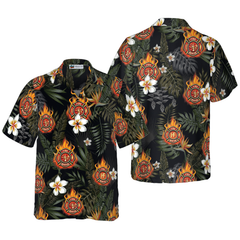 Firefighter Logo On Flame And Black Tropical Seamless Firefighter Hawaiian Shirt, Floral Firefighter Shirt For Men - Hyperfavor
