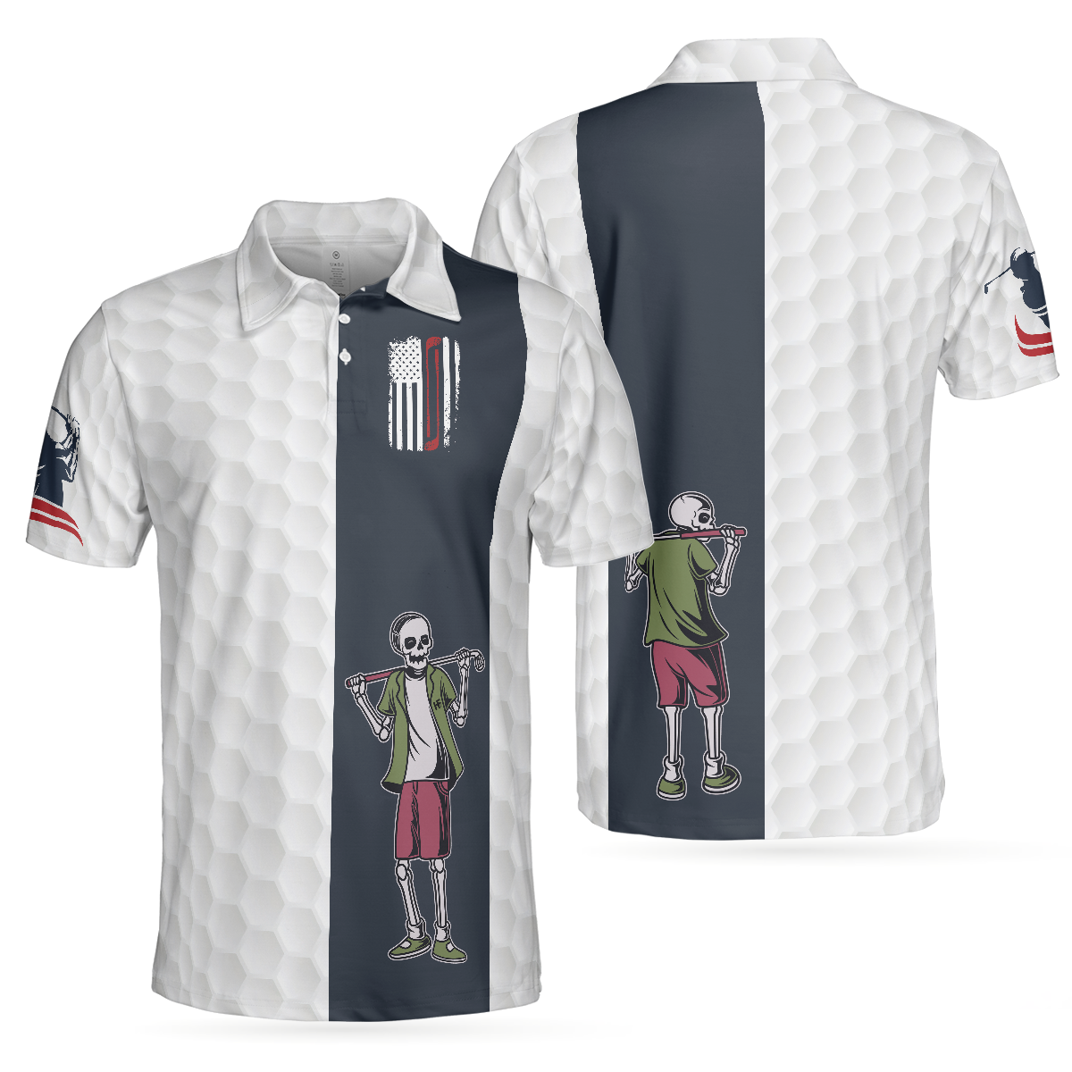 Youngster Skeleton Golf Lover American Flag Polo Shirt, White American Flag Golf Shirt For Men - Hyperfavor