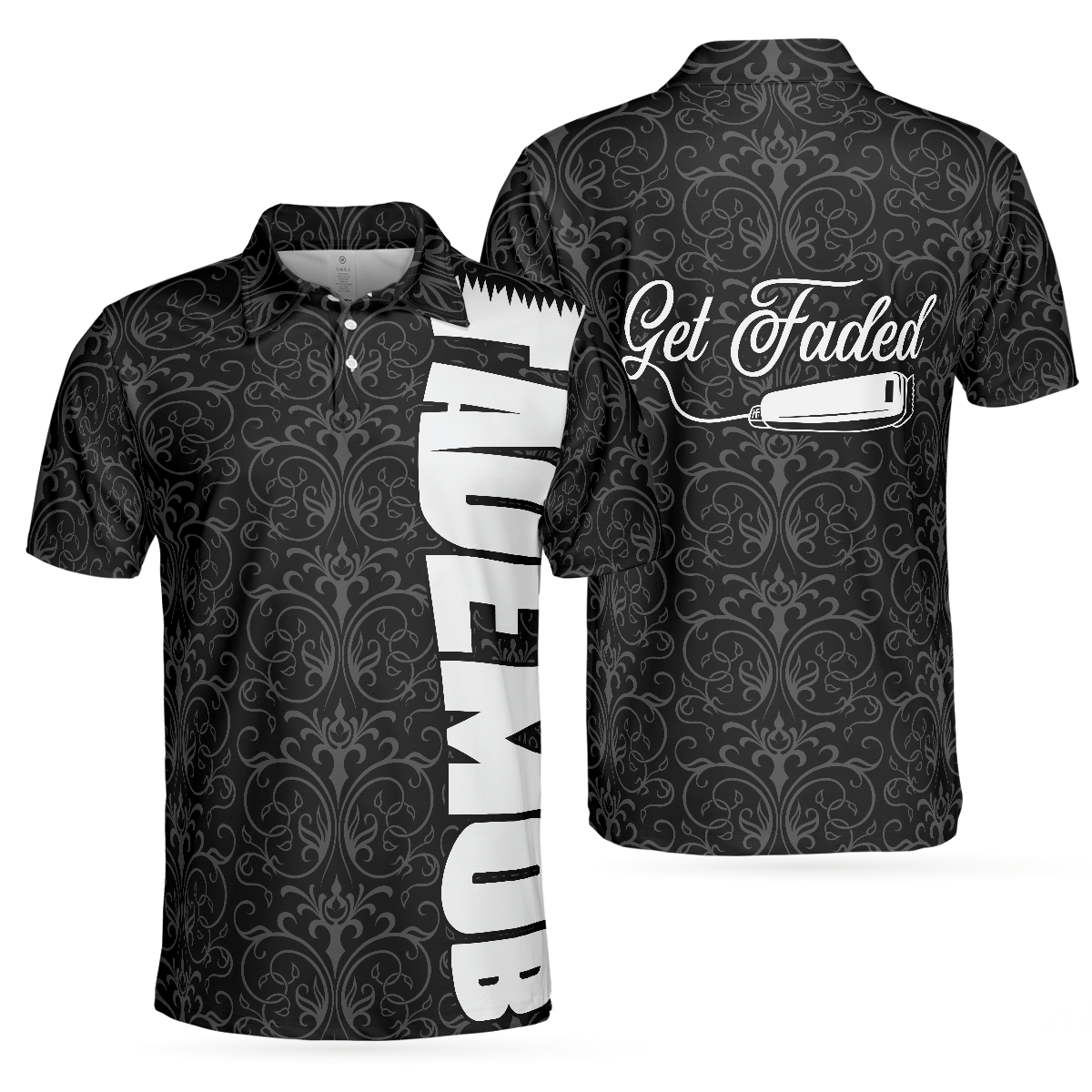 Renaissance Fade Mob Barber Hairstylist Polo Shirt, Black Brocade Pattern Polo Shirt, Hairstylist Shirt For Men - Hyperfavor