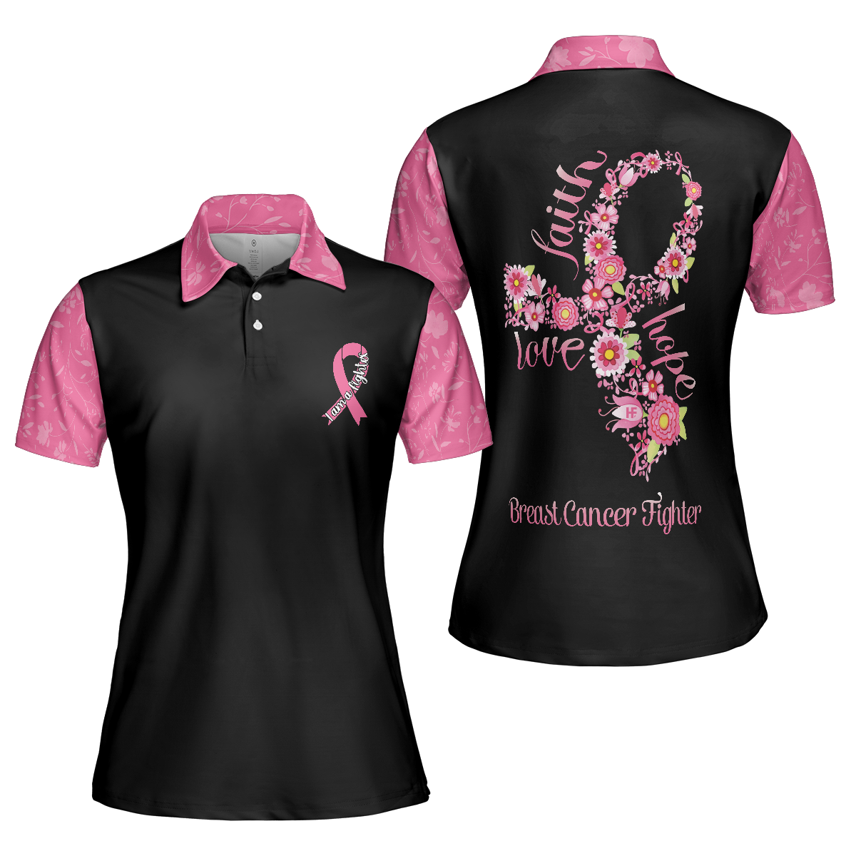 I Am A Breast Cancer Fighter Pink Flowers Awareness Ribbon Women Polo Shirt, Breast Cancer Awareness Polo Shirt For Ladies - Hyperfavor
