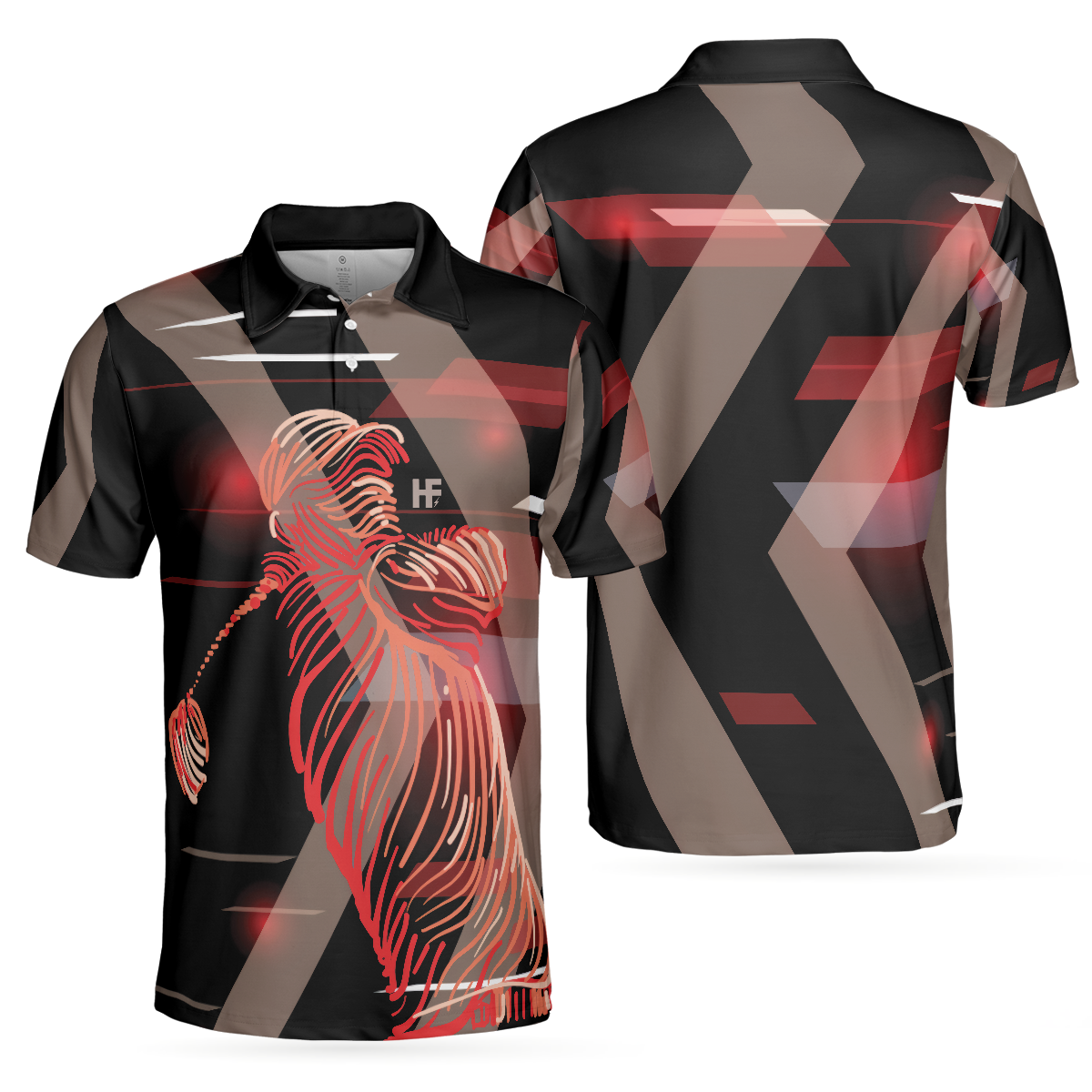 Digital Golf Style Polo Shirt, Short Sleeve Black And Red Golfer Golf Shirt For Men - Hyperfavor