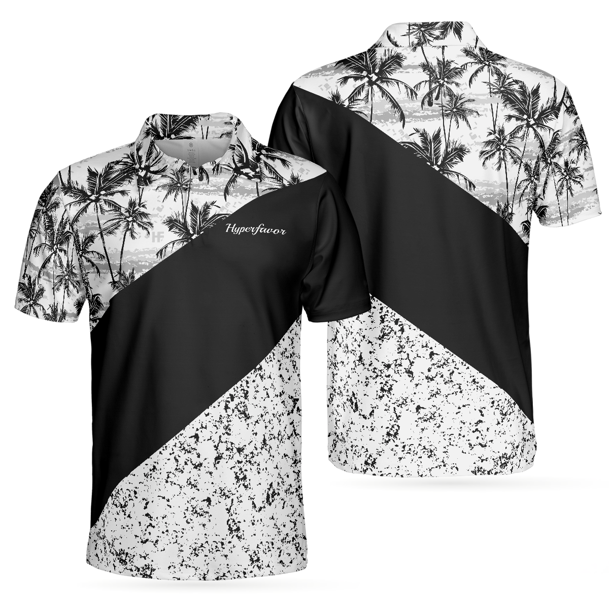 Monochrome Tropical Pattern Polo Shirt, Black And White Tropical Themed Polo Shirt Design, Summer Vibe Shirt - Hyperfavor
