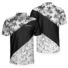 Monochrome Tropical Pattern Polo Shirt, Black And White Tropical Themed Polo Shirt Design, Summer Vibe Shirt - Hyperfavor