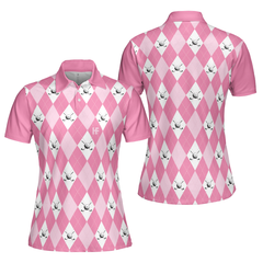 Golf Polo Short Sleeve Women Polo Shirt, Pink Argyle Seamless Pattern Golf Shirt For Ladies - Hyperfavor