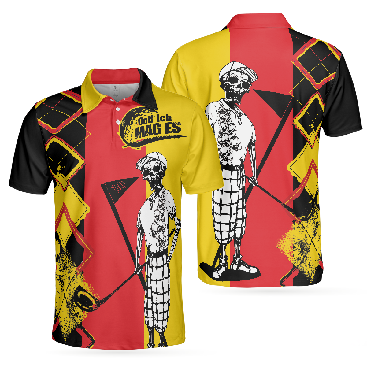 Golf Ich Mag Es German Flag Short Sleeve Polo Shirt, White Argyle Pattern Skeleton Golfing Polo Shirt, Best Golf Shirt For Men - Hyperfavor
