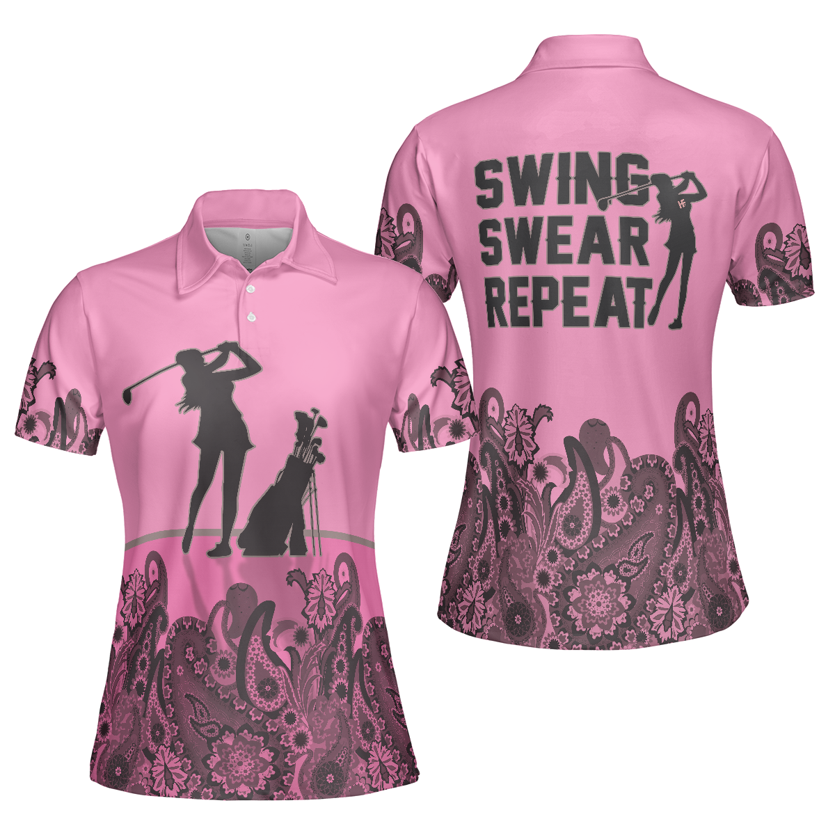 Mandala Pattern Swing Swear Repeat Girl Golf Short Sleeve Women Polo Shirt, Pink Golf Shirt For Ladies - Hyperfavor
