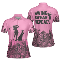 Mandala Pattern Swing Swear Repeat Girl Golf Short Sleeve Women Polo Shirt, Pink Golf Shirt For Ladies - Hyperfavor