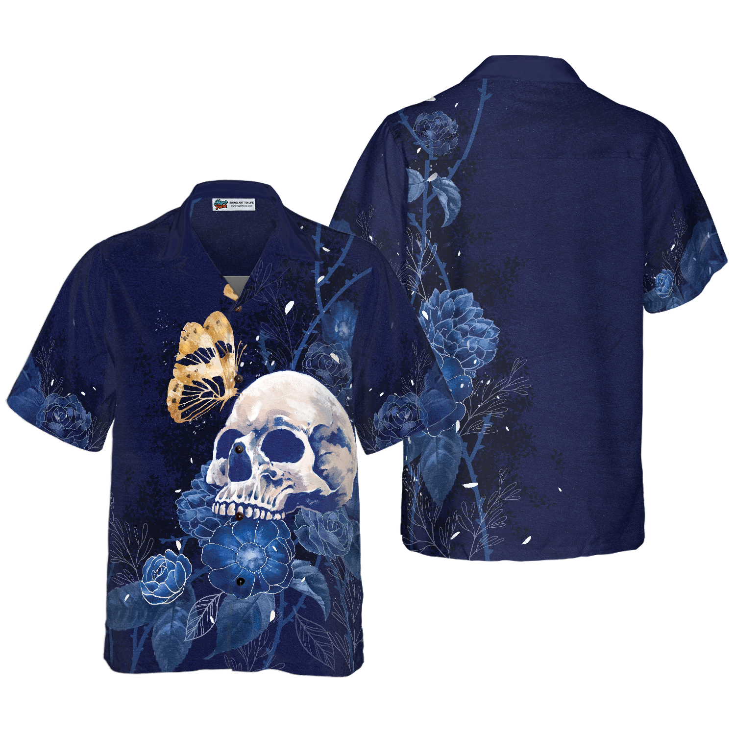 Artistic Gothic Skull with Butterfly Hawaiian Shirt For Men, Blue Peony Flowers Goth Hawaiian Shirt - Hyperfavor