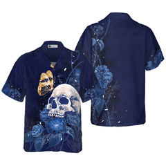 Artistic Gothic Skull with Butterfly Hawaiian Shirt For Men, Blue Peony Flowers Goth Hawaiian Shirt - Hyperfavor