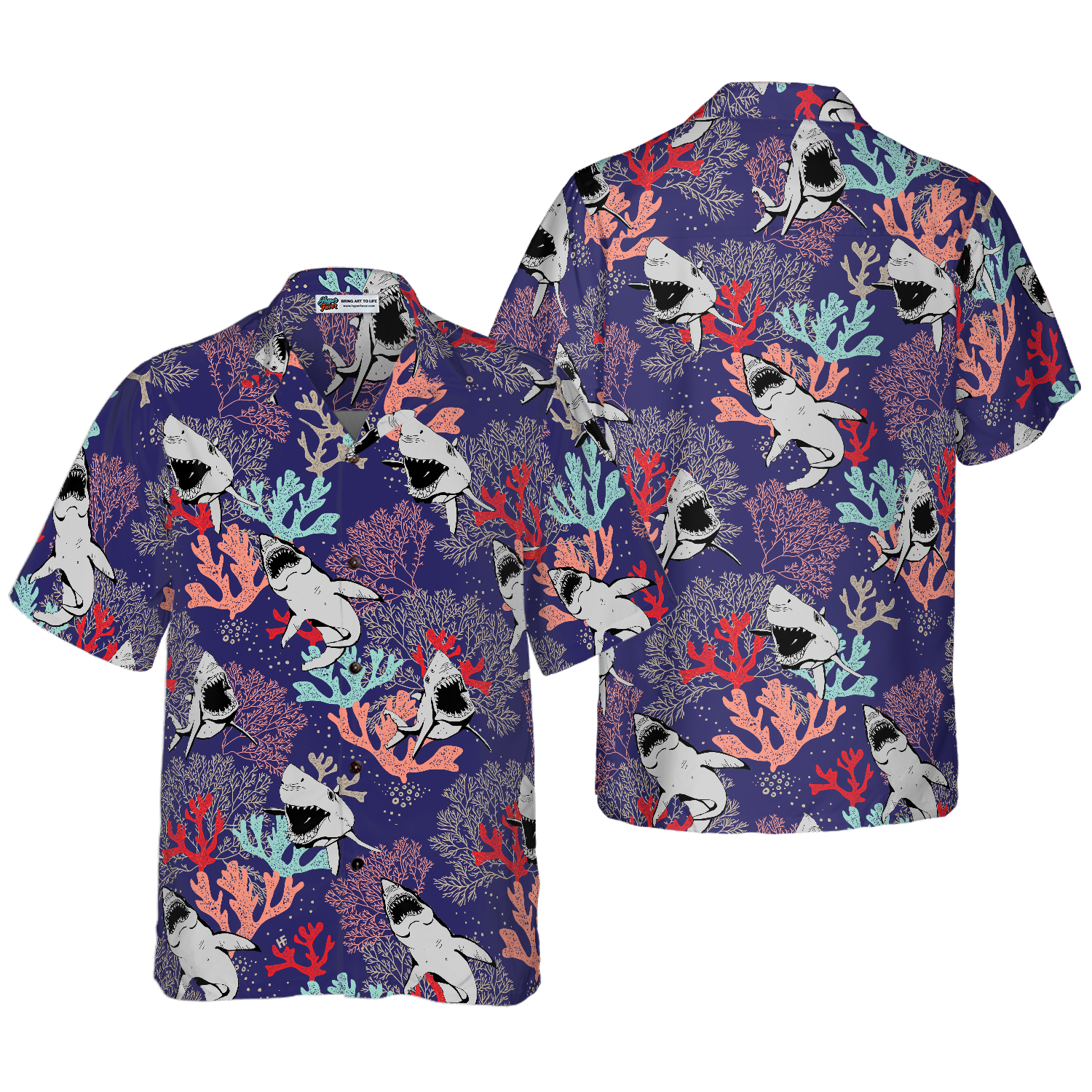 Blue Ocean Coral Sharks Hawaiian Shirt - Hyperfavor