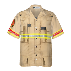 Proud Retired Firefighter Hawaiian Shirt, Cream Life Vest Work Uniform Fire Dept Logo Firefighter Shirt For Men - Hyperfavor
