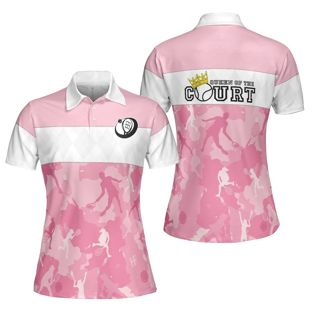 Queen Of The Court Short Sleeve Women Polo Shirt, White And Pink Shirt For Women, Unique Female Tennis Gift - Hyperfavor