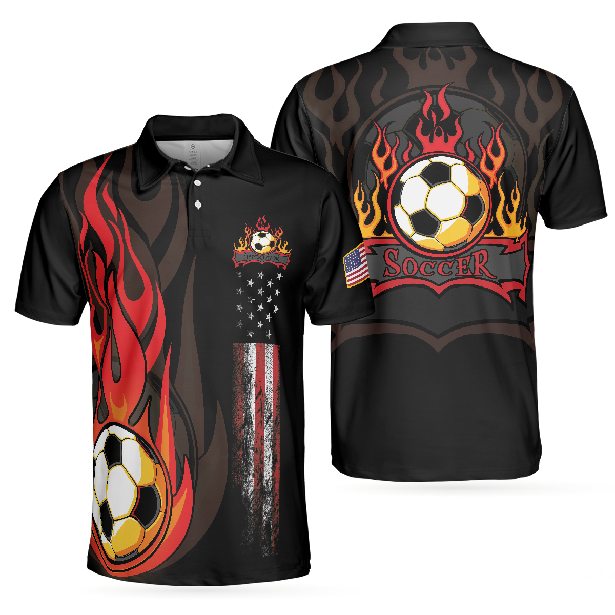 Soccer Flame Short Sleeve Black Polo Shirt, Black American Flag Polo Shirt, Best Soccer Shirt For Men - Hyperfavor