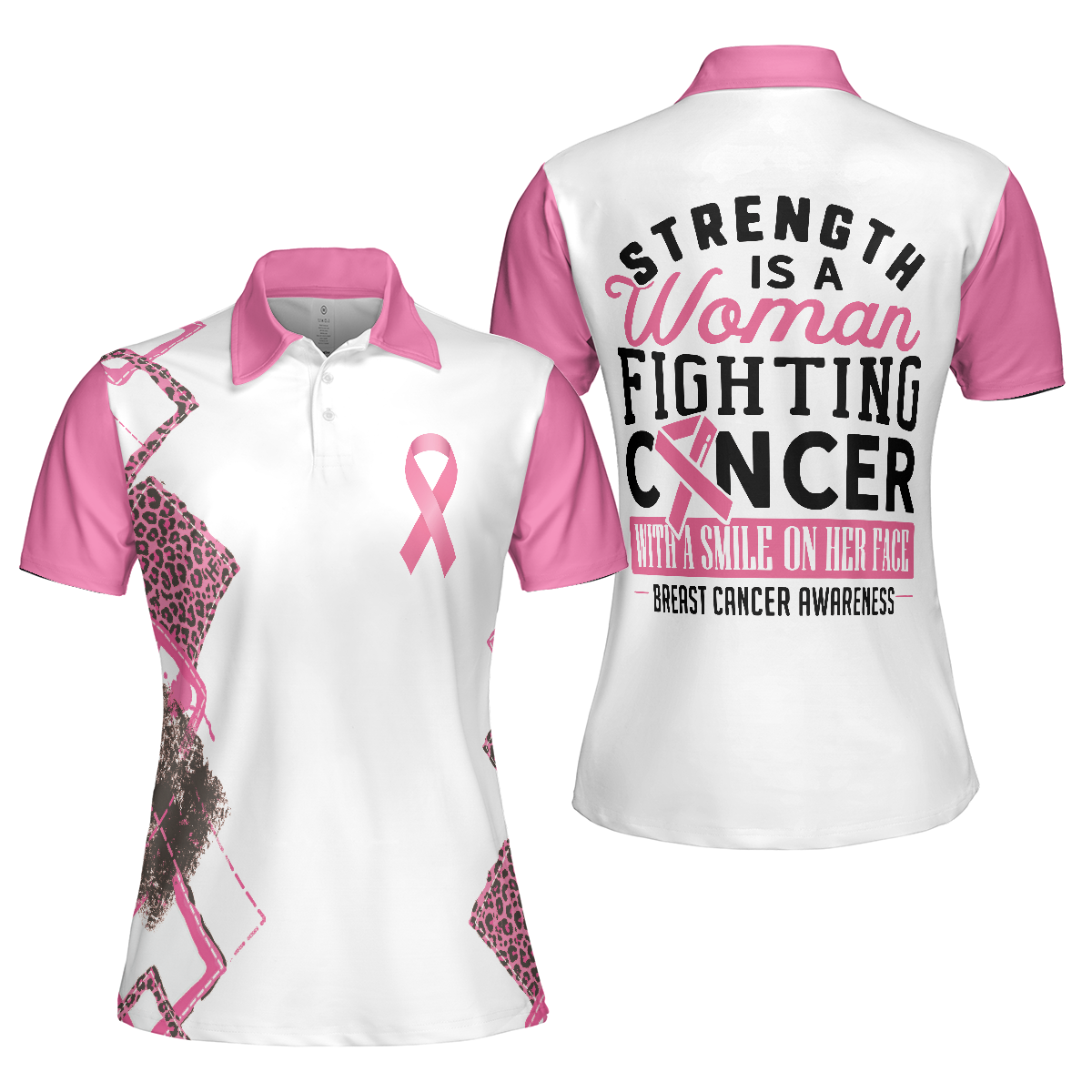 Strength Is A Woman Fighting Cancer With A Smile On Her Face Breast Cancer Awareness Short Sleeve Women Polo Shirt - Hyperfavor