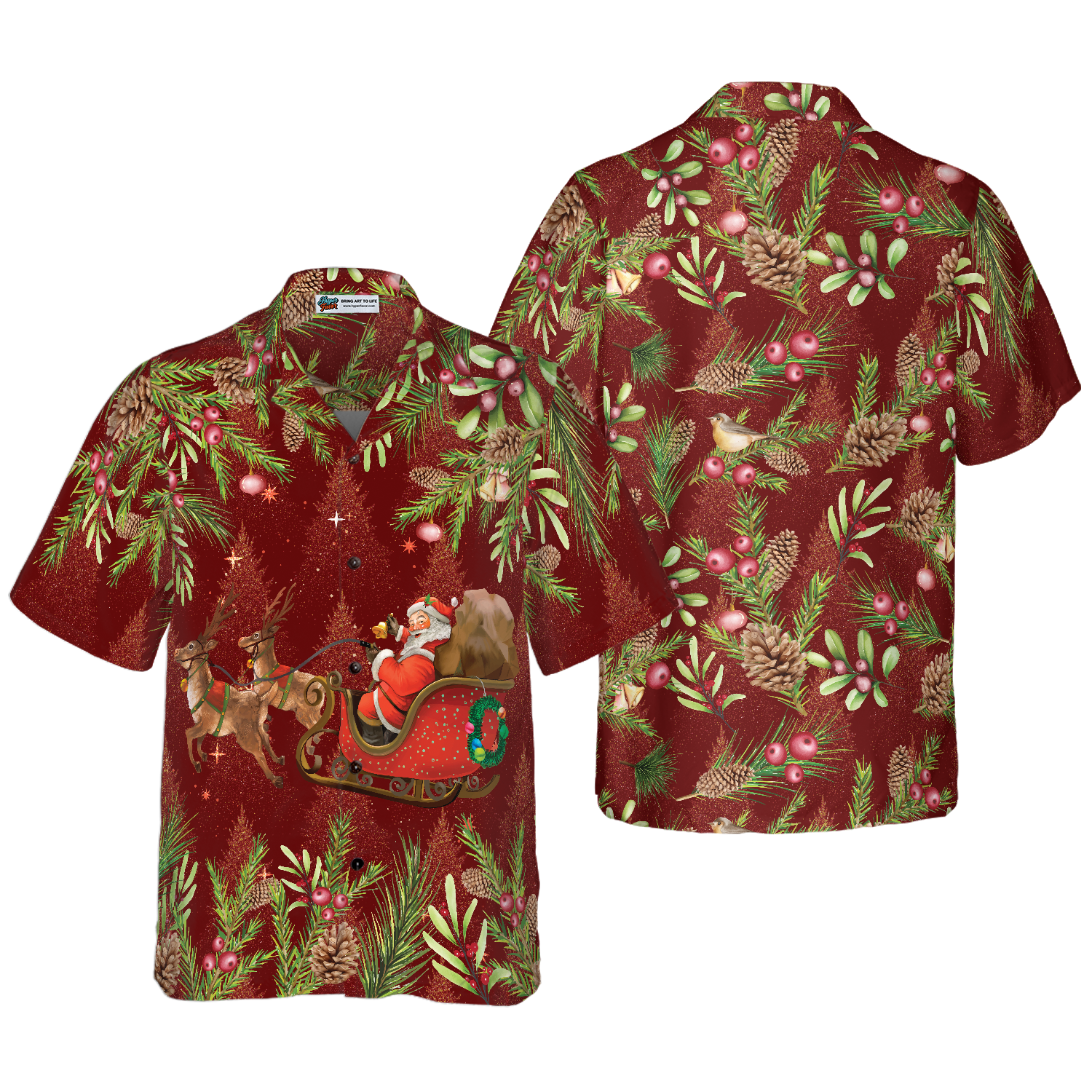 Hyperfavor Santa Santa Riding Sleigh 2 Pattern Hawaiian shirt, Christmas Shirts Short Sleeve Button Down Shirt For Men And Women - Hyperfavor