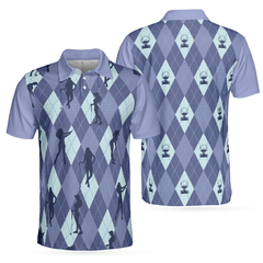 Vintage Blue Palatte Girl Golf Polo Shirt, Argyle Pattern Girl Golfer Silhouette Polo Shirt, Fun Golf Shirt For Men - Hyperfavor