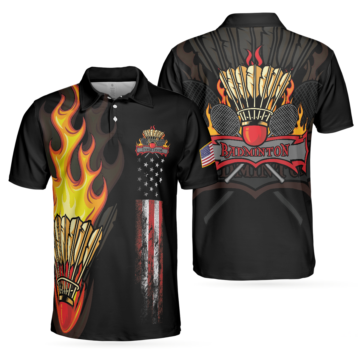 Badminton Flame Short Sleeve Polo Shirt, Black Theme American Flag Badminton Polo Shirt, Best Badminton Shirt For Men - Hyperfavor