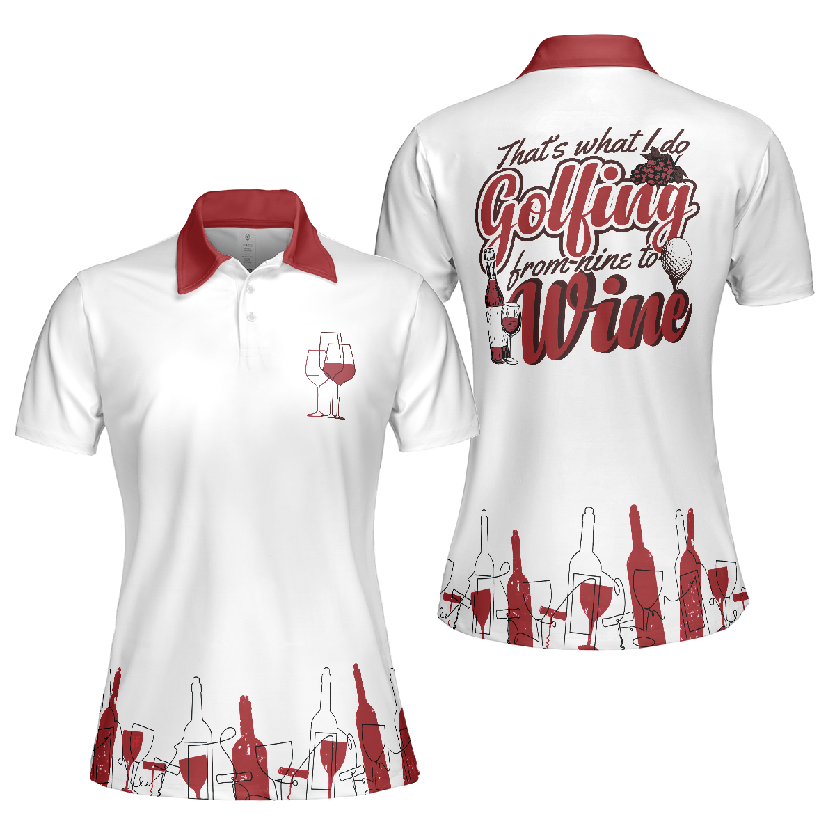 Golfing From Nine To Wine Golf Girl V2 Short Sleeve Women Polo Shirt, White And Red Golf Polo Shirt, Golf Shirt For Wine Lovers - Hyperfavor