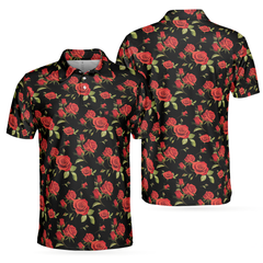 Red Roses Polo Shirt, Red Roses Seamless Pattern Shirt For Adults, Best Rose Themed Gift Idea For Rose Fans - Hyperfavor