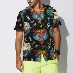 Old School Tattoo Art Wolf Hawaiian Shirt - Hyperfavor