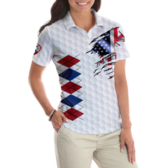 American Flag With Argyle Pattern Golf Short Sleeve Women Polo Shirt, Best Female Golf Gift Idea - Hyperfavor
